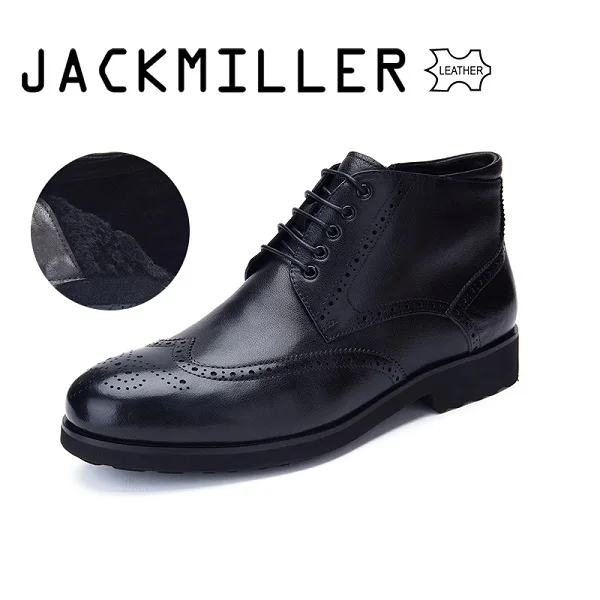 Jackmiller/Лидирующий бренд; мужские ботинки из коровьей кожи на плоской подошве с шерстяной подкладкой; теплые Высококачественные ботинки на шнуровке и молнии; цвет черный, коричневый - Цвет: BLACK
