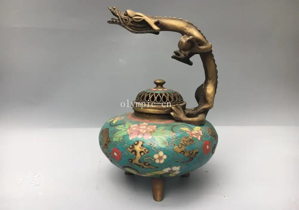 

9'' bronze copper cloisonne enamel carved dragon censer incense burner statue
