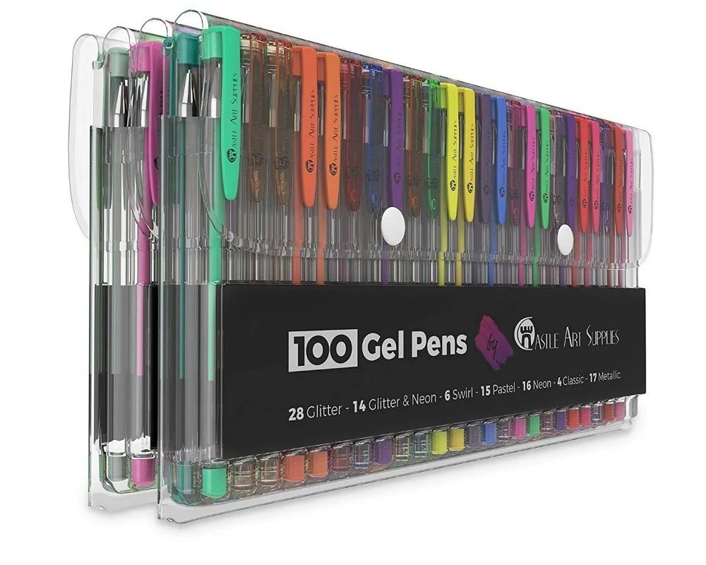 HuiQin 100 Gel Pen Set with Case for Kids or Adult Drawing Writing - Kit Includes Metallic Glitter and Neon Smooth Fine Tip Gels