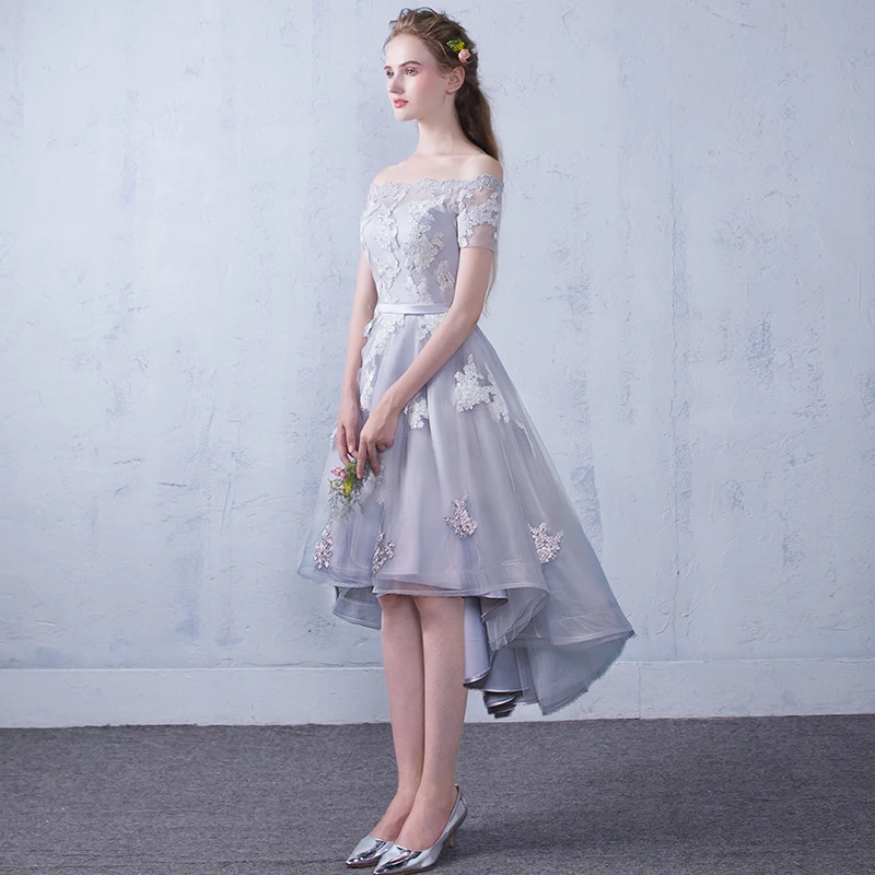 Robe de soiree/серое вечернее платье с вырезом лодочкой на шнуровке коротким передом и