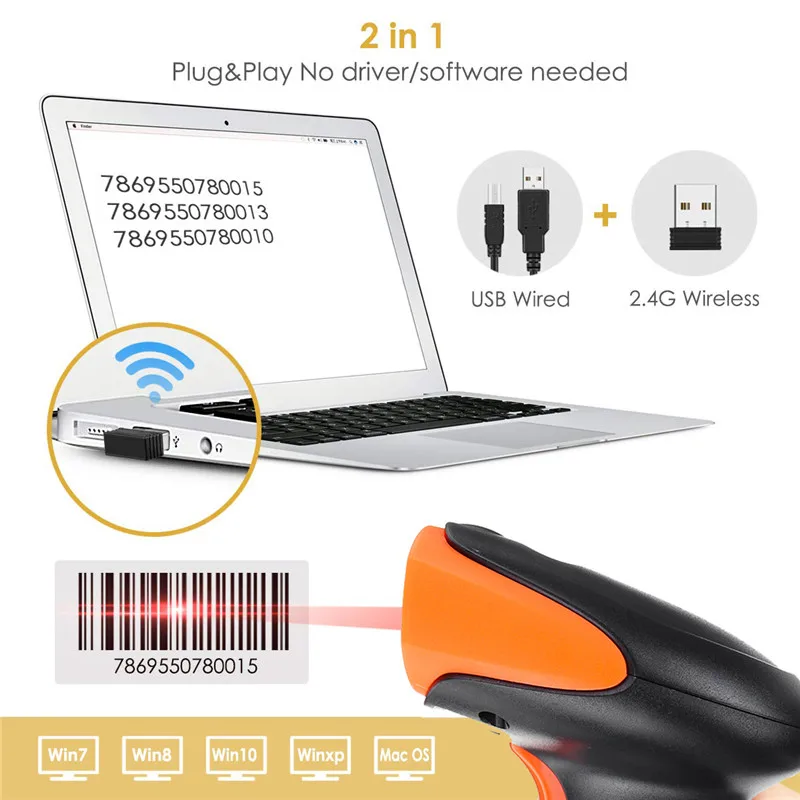 2,4G 1D/2D сканер штрих-кода Портативный USB Беспроводной ручной лазерный сканер штрих кода светильник сканер для супермаркета магазин Win XP/7/8/10 портативных ПК POS