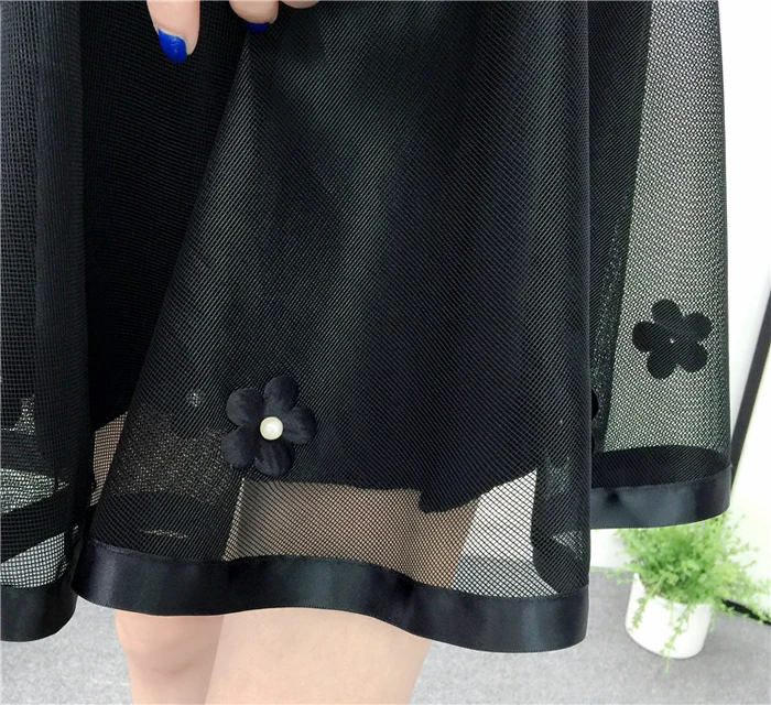 Tulle Skirt High Waist New Summer Women Black Mesh Beading Sweet Mini School Skirt Elastic Waist Tutu Skirt