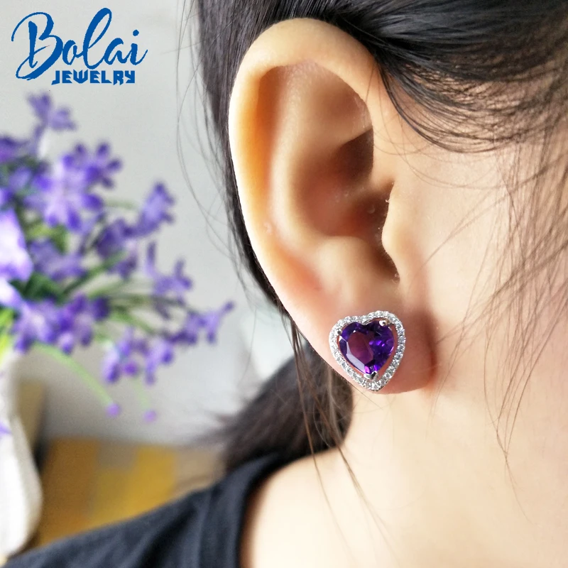 Bolaijewelry, в форме сердца сладкий романтический натуральный Африка серьги из драгоценных камней аметист 925 стерлингового серебра ювелирные украшения для женщин