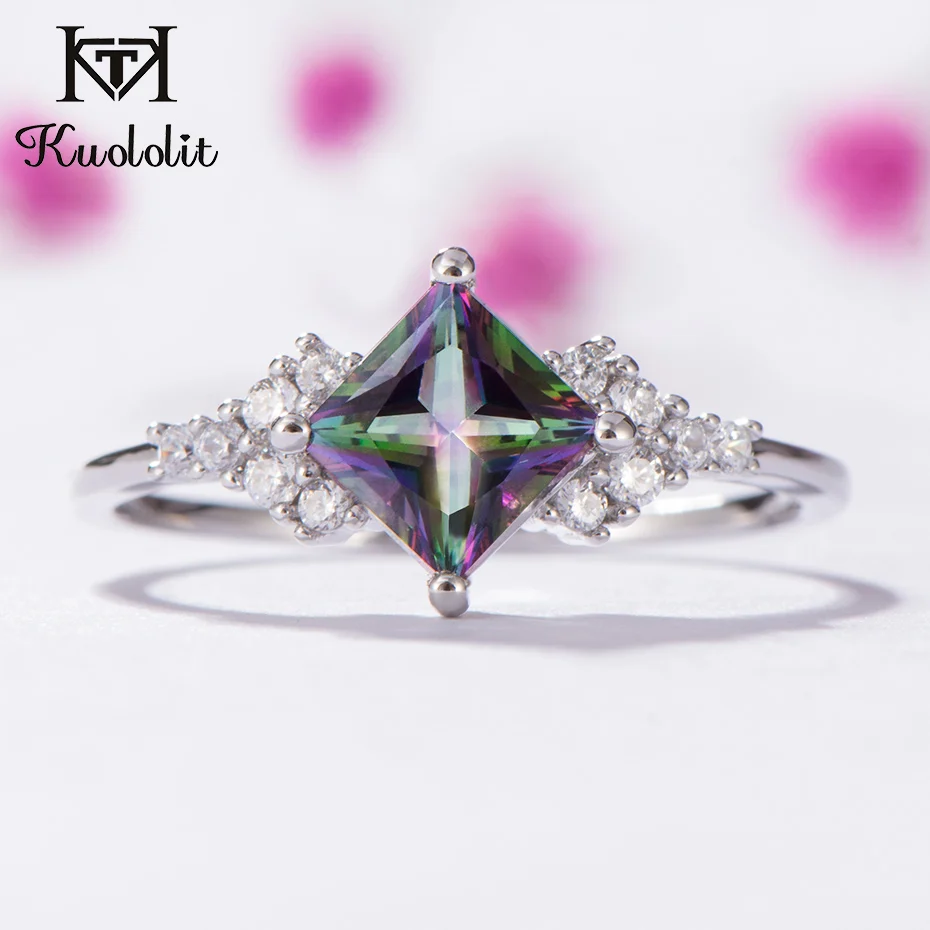 natural mystic topaz Kuolit, натуральный Мистический топаз, кольца с драгоценными камнями для женщин, 925 пробы, серебро, квадратная огранка, разноцветный камень, для помолвки, хорошее ювелирное изделие - Цвет камня: natural mystic topaz
