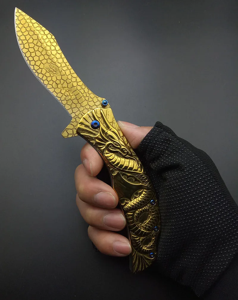 gold titanium Серебристый демон злой Дракон змея резьба 3D складной нож с зажимом карманные ножи из нержавеющей стали крутой для коллекции инструмент - Цвет: gold titanium