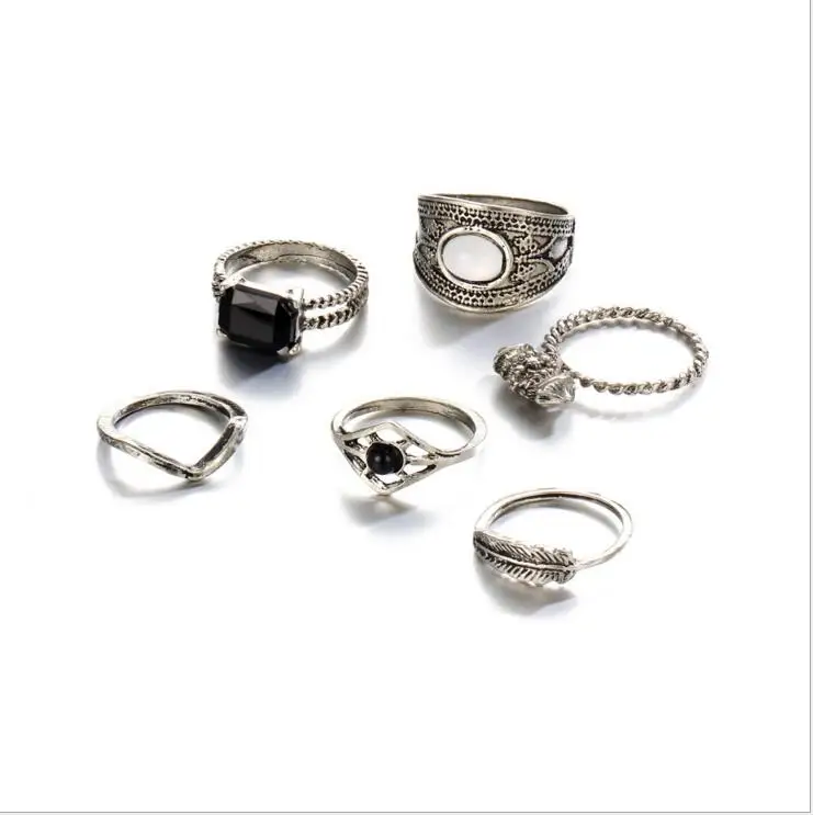 Винтаж большой камень Midi Ring Set для Для женщин Boho старинное серебро Цвет сердце