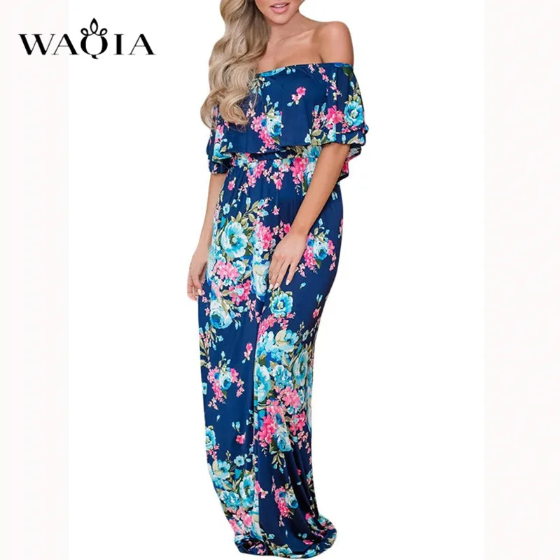 WAQIA 2019 длинное платье в богемном стиле женское пляжное летнее с открытыми плечами