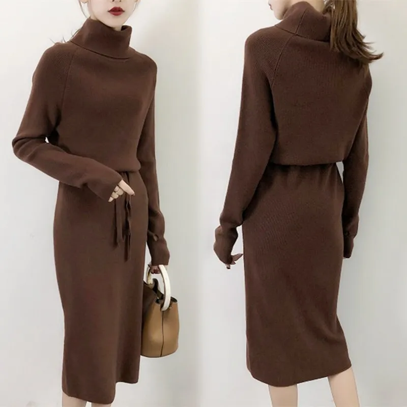 Женское трикотажное платье-свитер на завязках с высоким воротником | Женская