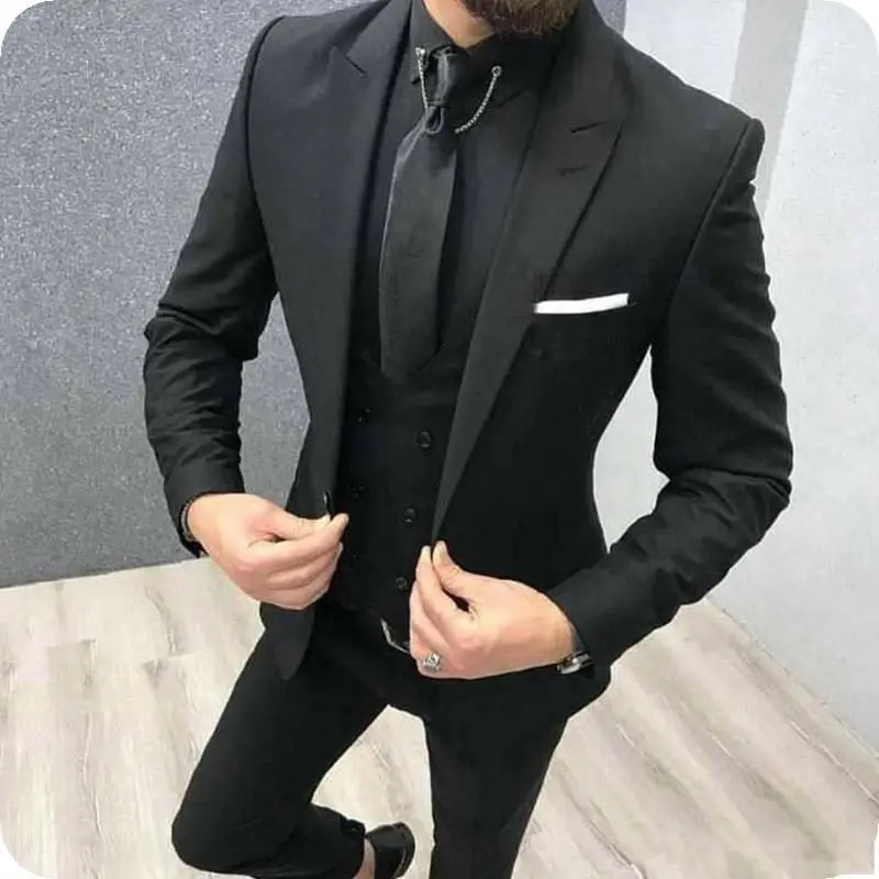 New Arrival One Button Black Groom Tuxedos Peak Lapel Groomsmen Men Blazers 3 pieces Suits(Jacket+Pants+Vest+Tie