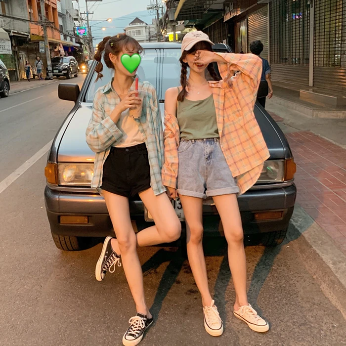 Рубашка женская летняя в Корейском стиле свободная блузка клетку с длинным