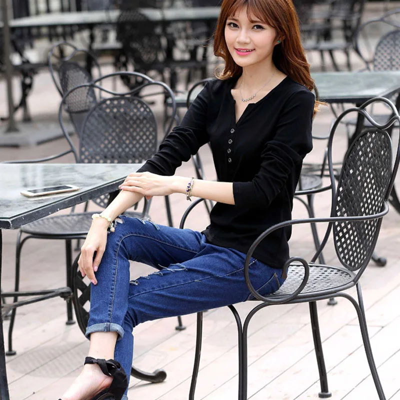 Женская футболка с длинным рукавом OUMENGKA осенняя Однотонная 4XL|poleras de mujer|camisetas