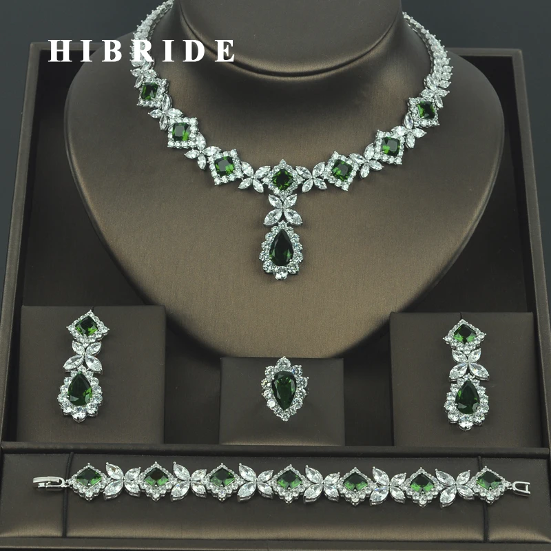 HIBRIDE эксклюзивный роскошный Искрящийся Блестящий чокер кубический циркон прозрачное ожерелье серьги Свадебные Ювелирные наборы N-72