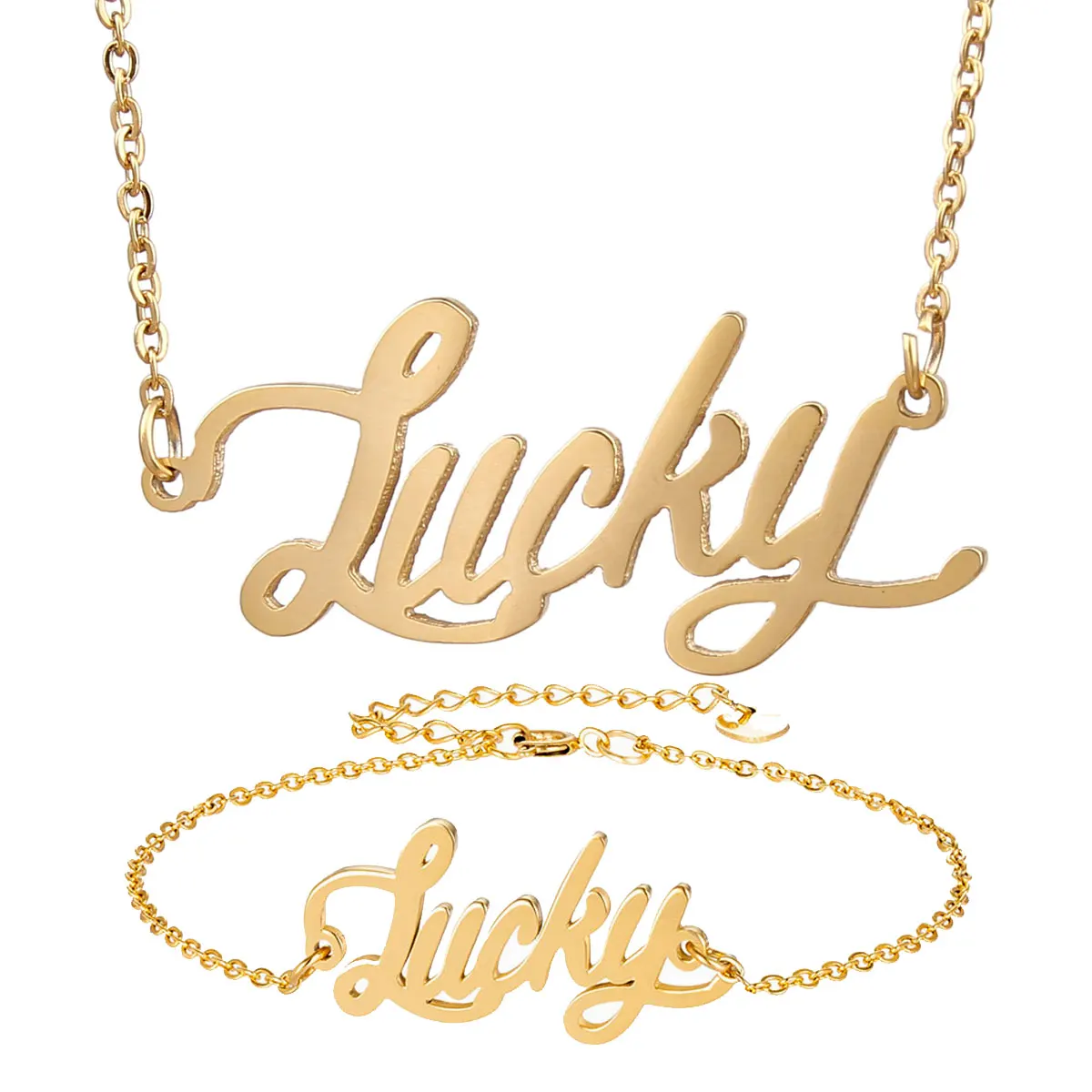 Модное ожерелье из нержавеющей стали + браслет набор &quotLucky&quot с надписью Золотое