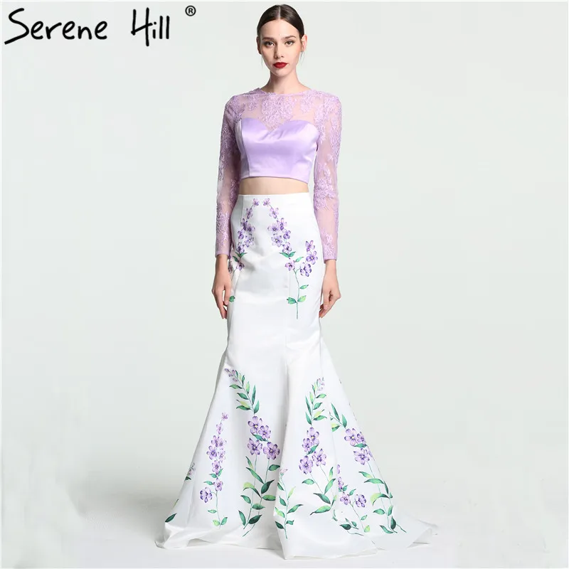 Two Pieces Sexy Printing Pattern Evening Dresses 2018 Long Sleeves Mermaid Satin Prom Dress Serene Hill LA6116 | Свадьбы и торжества