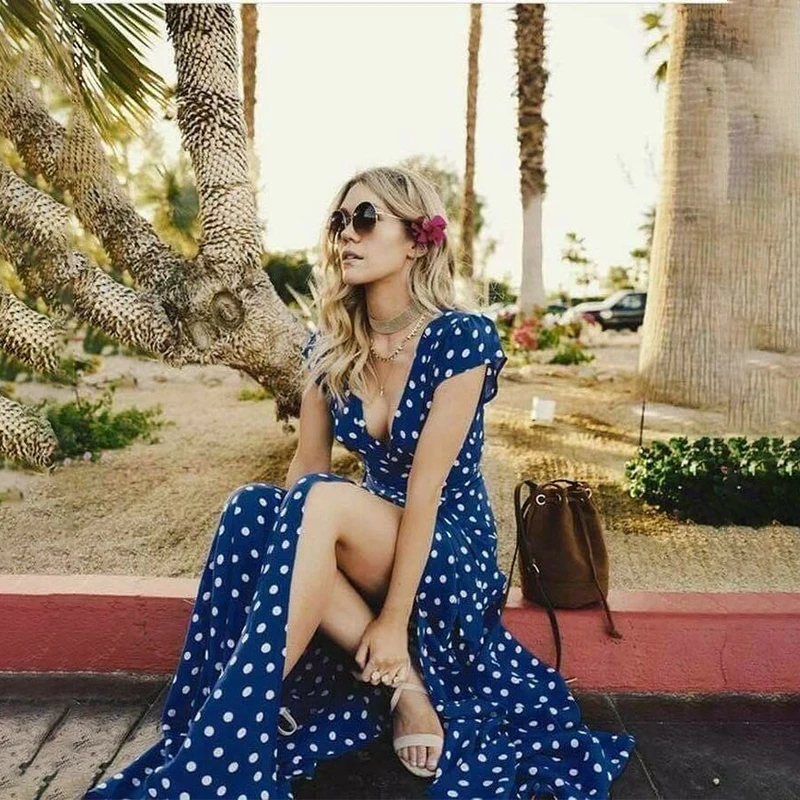 Женское длинное платье в горошек Boho повседневное пляжное с глубоким вырезом и