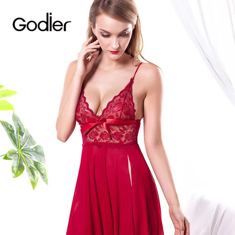 Godier New Sexy Women Lingerie Sling Pajamas Lace Bowknot Dress Transparent Gather Underwear Temptation Mess Yarm Sleepwear | Женская