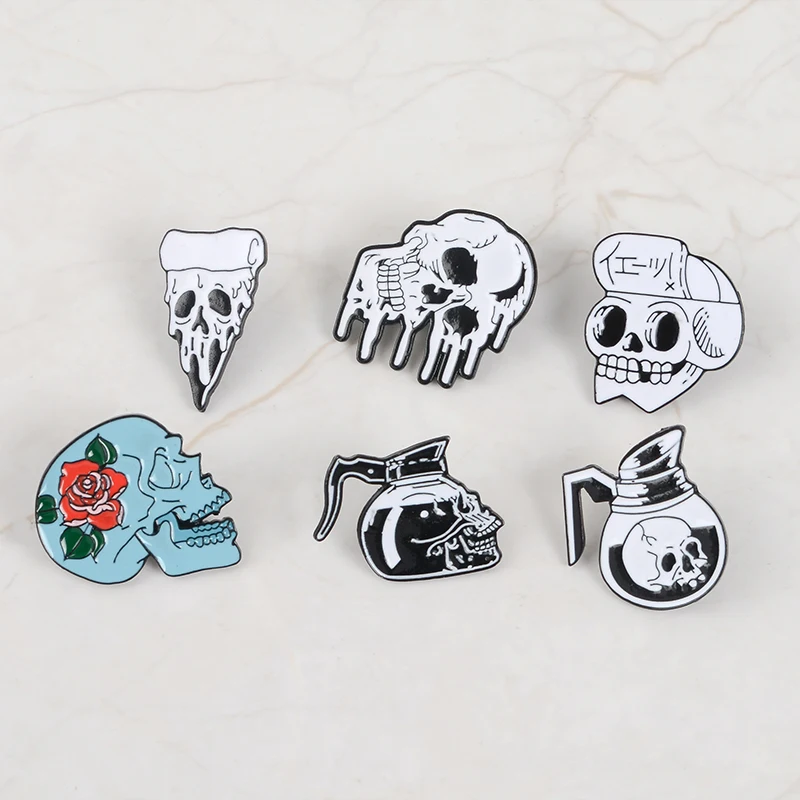 

QIHE JEWELRY Skull pins Coffee Flower Pizza Skeleton Brooches Lapel pins Punk Dark Jewelry Brooches for men women couple