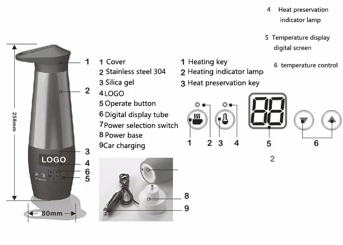 

GUB ZN20 Bicycle Water Bottle Car Heating Cup Imported Stainless Steel 304 80W/120W Optional for Heating Coffee Milk Tea Making