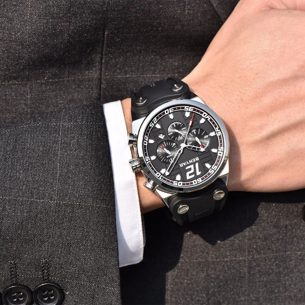 

Men Watch Benyar Top Brand Military Chronograph Quartz Waterproof Watch Business High Quality Silicone Strap Relogio Masculino