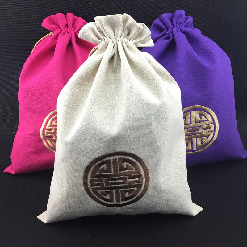 10pcs Extra Large Chinese New year Lucky Gift Bags Drawstring Embroidery Jewelry Packaging Cotton Linen Travel Shoe Bra Pouch