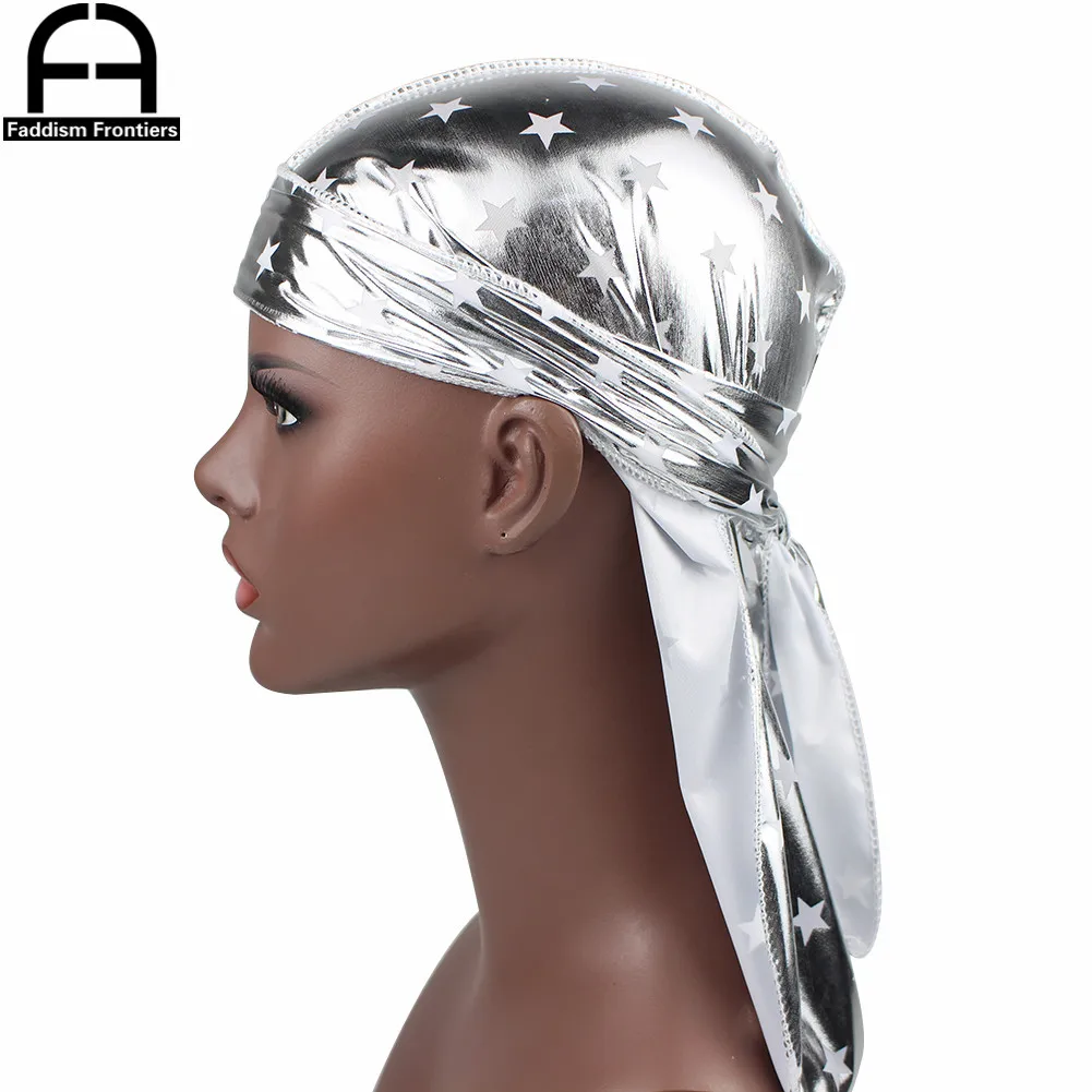 Unisex Men Women Reflective Silk Durag Stars Soft Silky Durags Turban Hat Bandana Headwear Long Straps Waves Cap Do Du Rag |