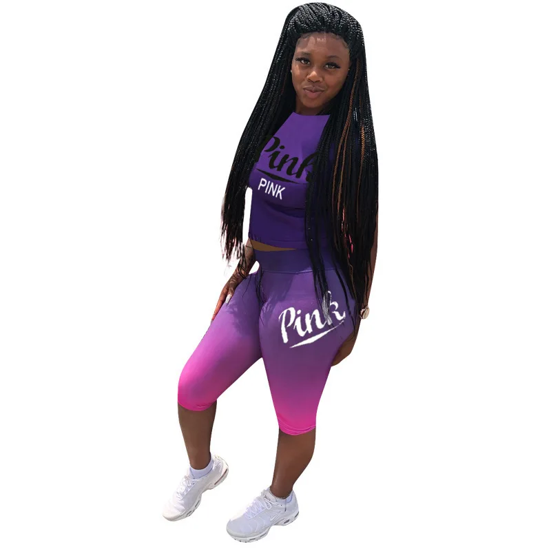 Розовый костюм с градиентом женский спортивный буквенным принтом футболка топы