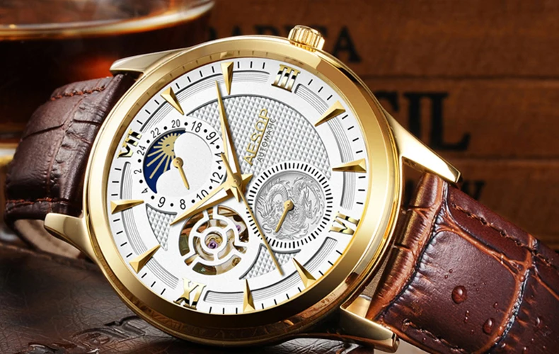AESOP Moon Phase часы для мужчин автоматические механические часы модные золотые наручные часы Мужские часы Relogio Masculino