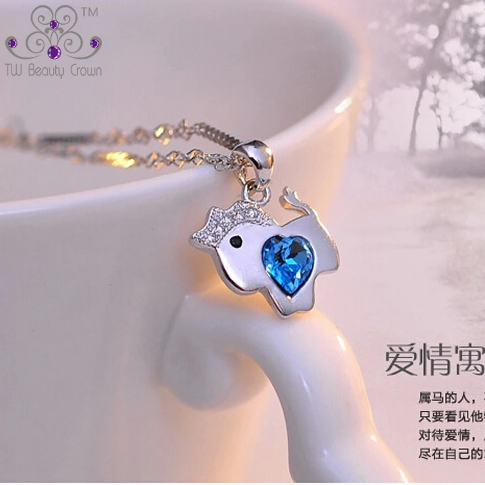 

Genuine 925 Pure Silver Cute Little Horse Ocean Blue Heart Cubic Zirconia Pendants Necklaces For Women Girls Children Jewelry