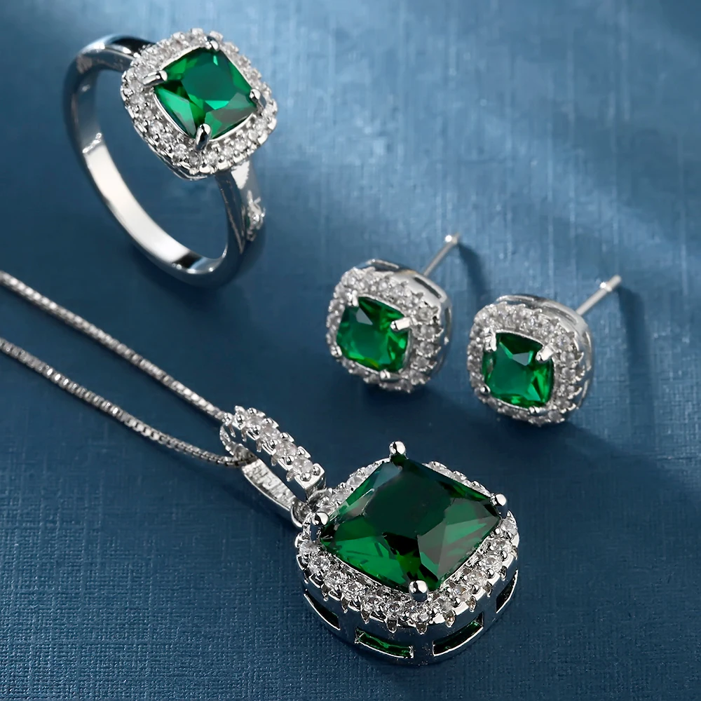 Комплект из колье серёг и кольца с зеленым фианитом|women wedding jewelry set|wedding setsset green |