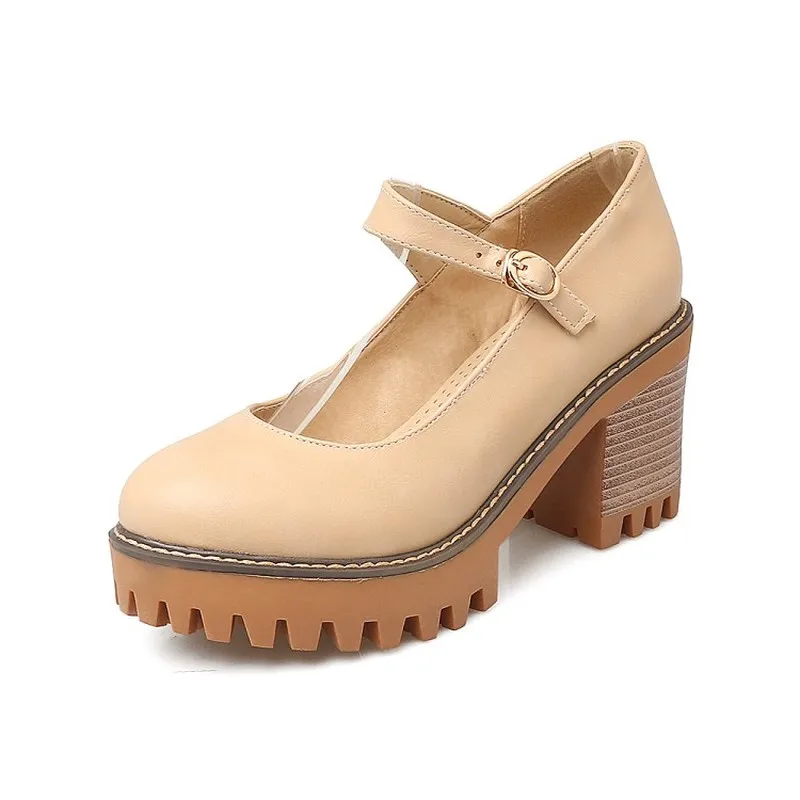 Pumps Spring and autumn The New fashion Round head Shallow mouth Buckle Thick heel High Women's shoes plus size 33-43 | Обувь