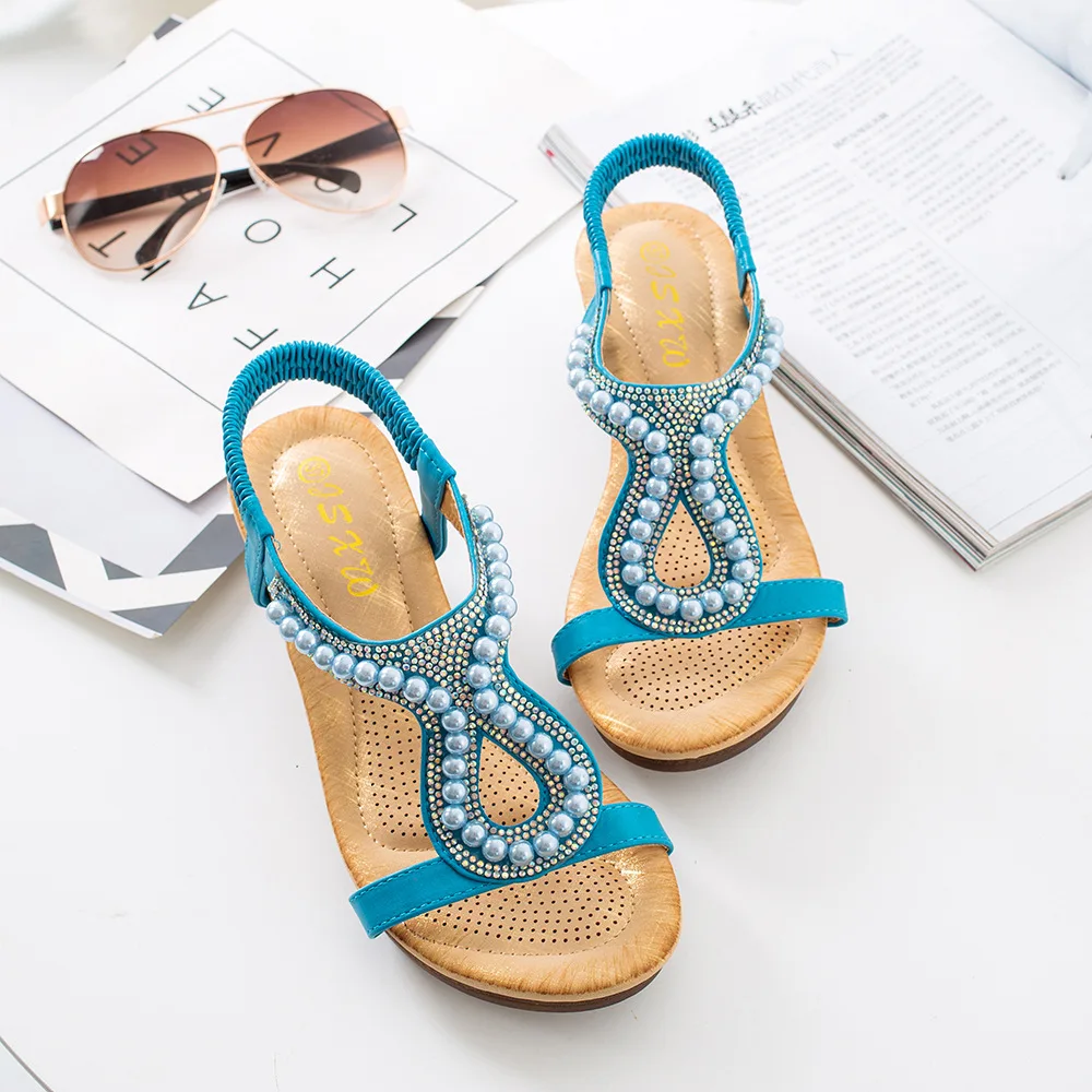 2019 summer new women's wedge sandals diamond beads jewelry decorative simple casual wild shoes | Обувь