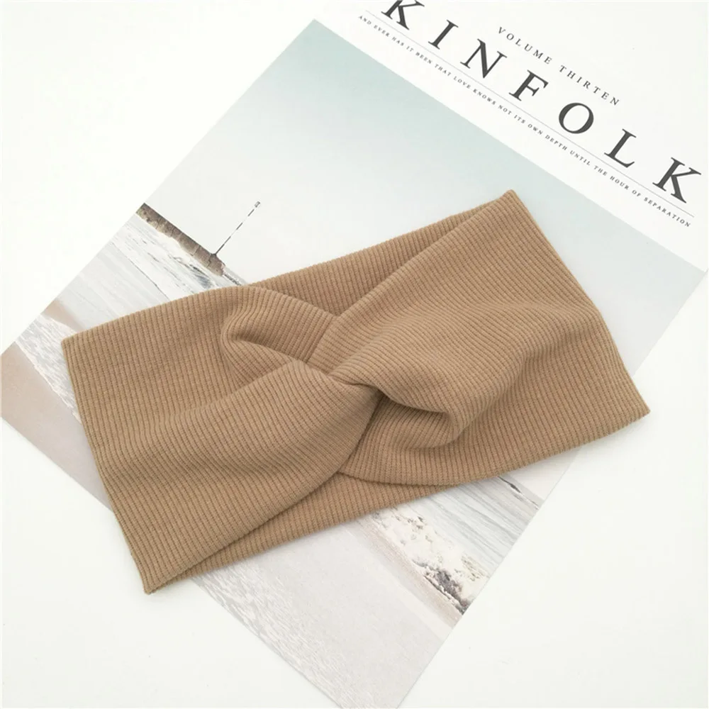 Khaki NEW Fashion Women Girls Elastic Hairbands Solid Color Bowknot Headwear Soft Cross Knot Headbands Hair Accessories - Цвет: Khaki