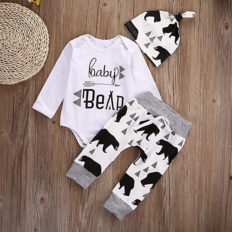 Baby Boy Girl Clothes Sets Cute Cartoon Bear Pattern Long Sleeve Tops Romper Trousers Hat Outfits Set for Boys |