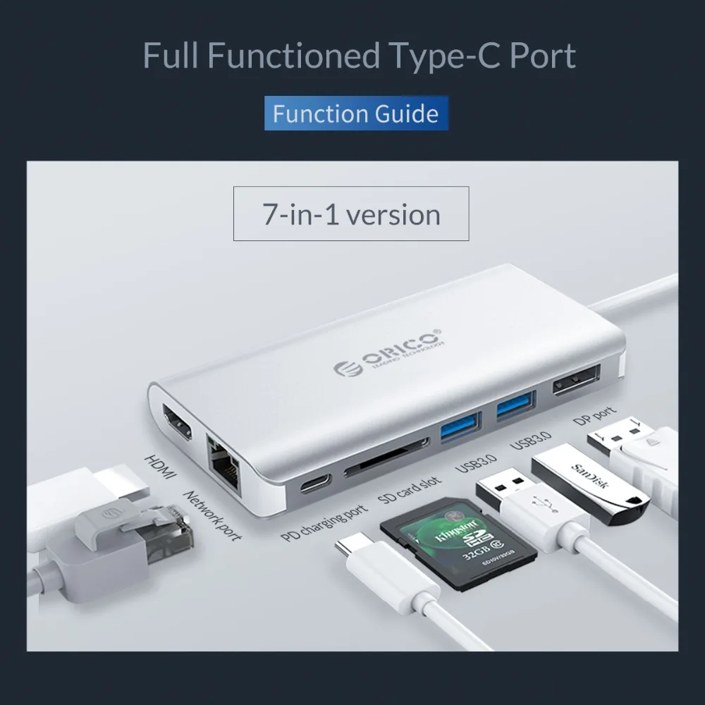 ORICO 7 в 1 USB C концентратор для USB3.0 HDMI Displayport RJ45 SD адаптер с зарядными портами Type Samsung