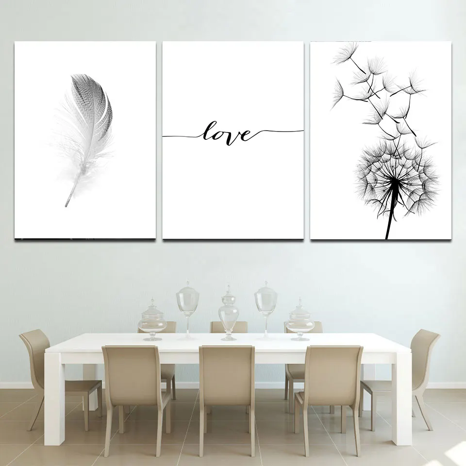 Black And White Poster Abstract Feather Canvas Print Dandelion Painting Love Quotes Posters Prints Wall Art Decor Unframed | Дом и сад