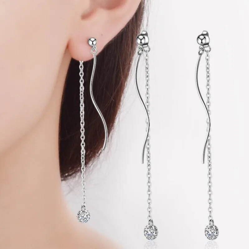 

Fashion After The Hanging Atmosphere 925 Sterling Silver Jewelry Personality Tassel Long Wave Crystal Gift Dangle Earrings SE312