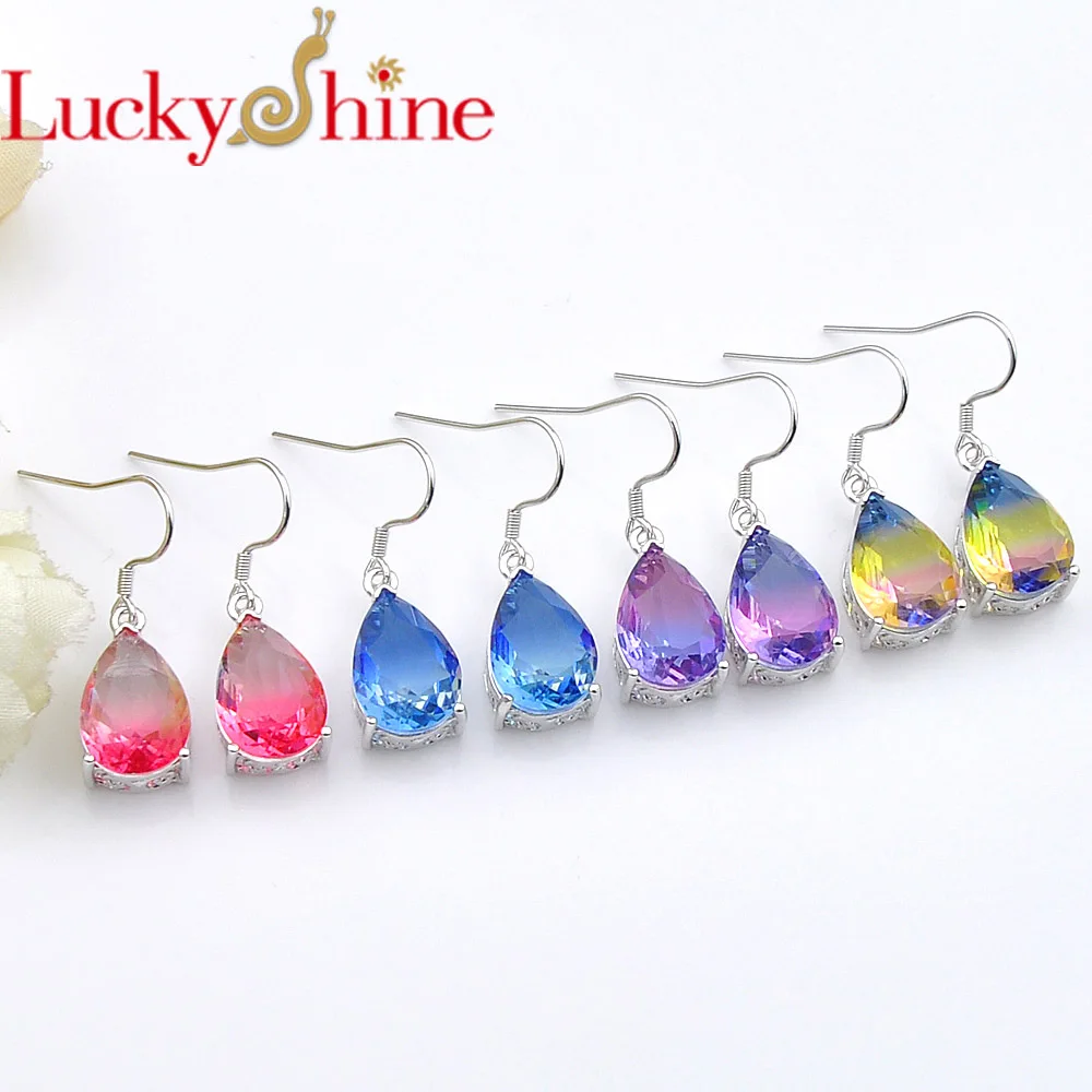 Luckyshine, 4 пары/Лот, разноцветные женские серьги-капли с турмалиновым кристаллом, цирконием, драгоценные камни, серебро 925 пробы для женщин, серьги-подвески