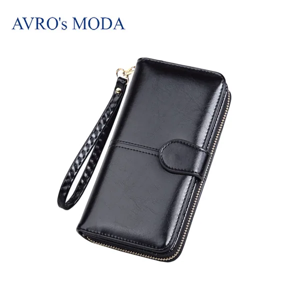 black Бренд AVRO MODA, женские длинные кошельки из искусственной кожи,, горячая распродажа, кошелек на молнии с ремешком, сумка для денег, карман для монет, телефона, клатч - Цвет: black