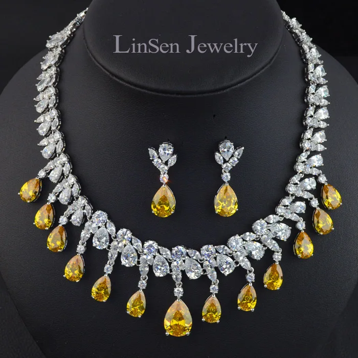 New arrival yellow/golden zircon stone bridal wedding necklace earring jewelry set high quality luxury | Украшения и аксессуары