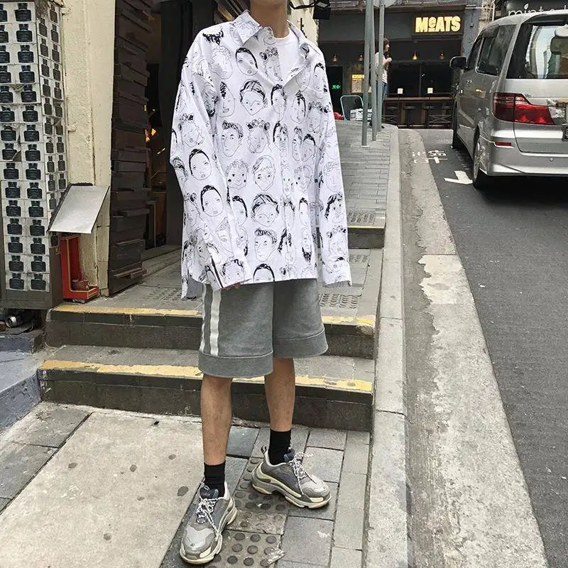 Hip Hop Shirts Men Japanese Streetwear Casual Print Shirt Male Summer Spring Fashion Loose Harajuku Long Sleeve Hawaiian | Мужская