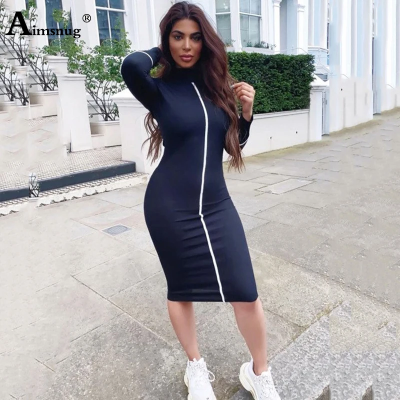 

Sexy Contrast Line Long sleeved Slim Bag Hip O-neck Knee-Length Female Dress Black 2019 New Autumn Casual Women Bodycon dress