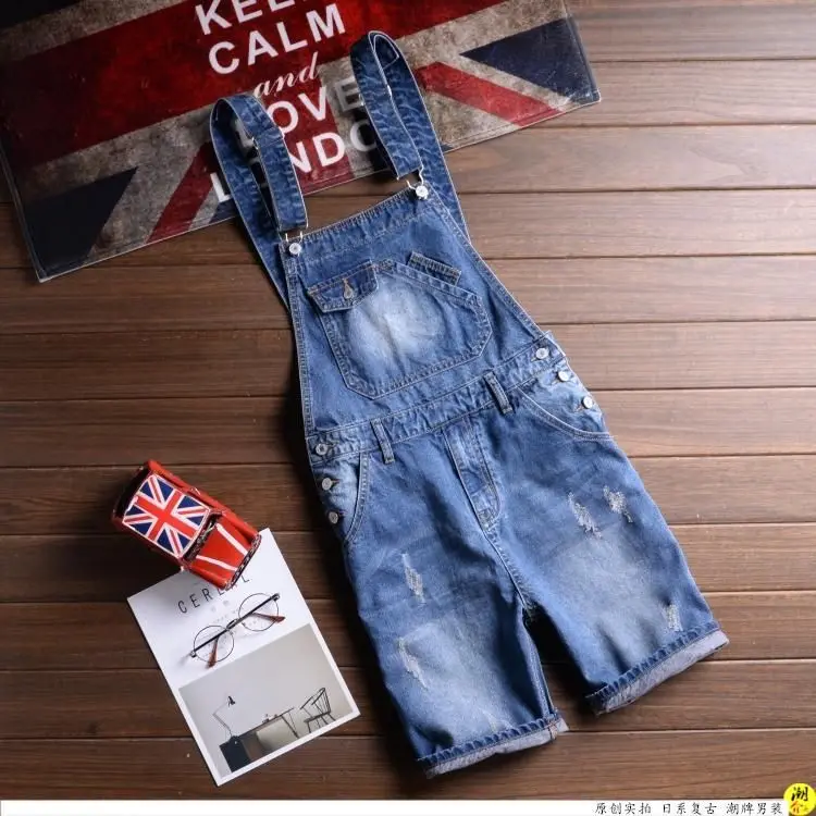 Летние джинсовые комбинезоны мужские шорты на подтяжках рваные джинсы до колена