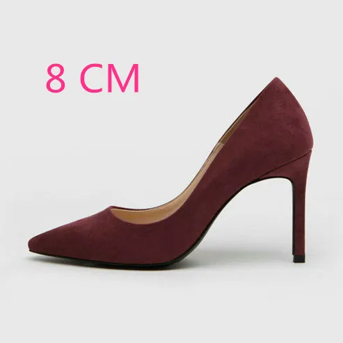 Wine-8CM Heel Женские туфли-лодочки из флока на высоком каблуке с острым носком, пикантная женская обувь на тонком каблуке, chaussure femme, осень - Цвет: Wine-8CM Heel