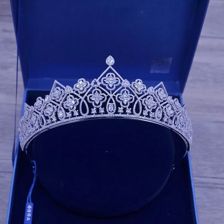 SLBRIDAL роскошный, Кристальный, со стразами медь, кубический цирконий свадебная тиара CZ Свадебная Королева Принцесса пышные вечерние Корона подружки невесты