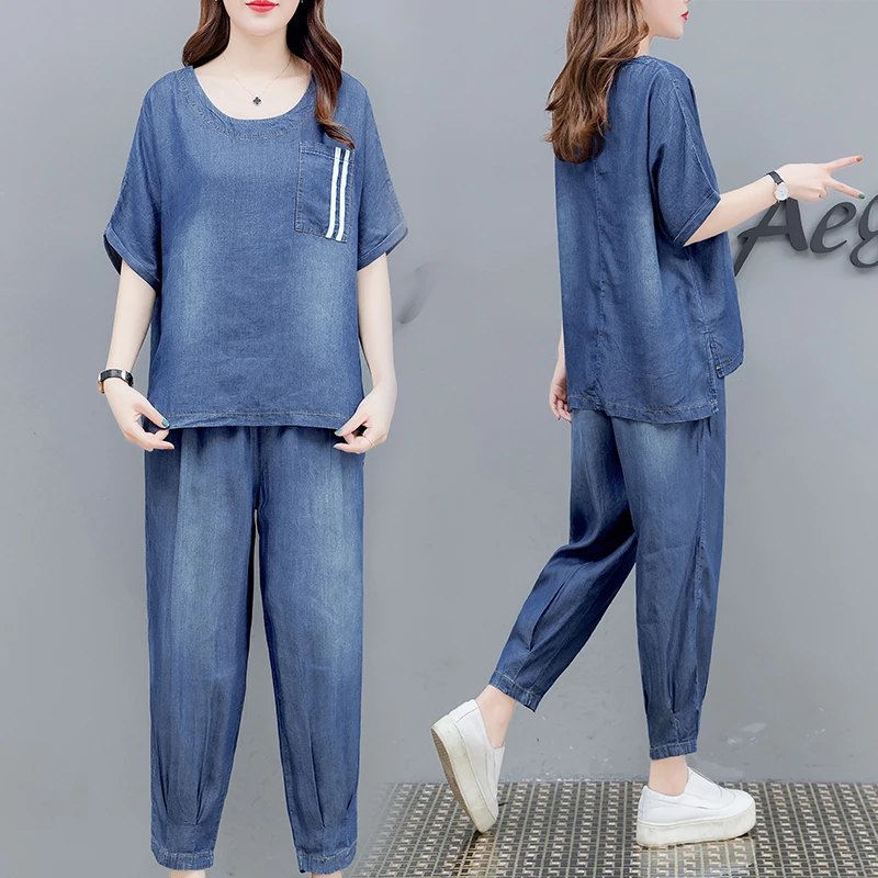 Спортивный костюм для женщин плюс размер лето 2019 новая мода свободный джинсовый