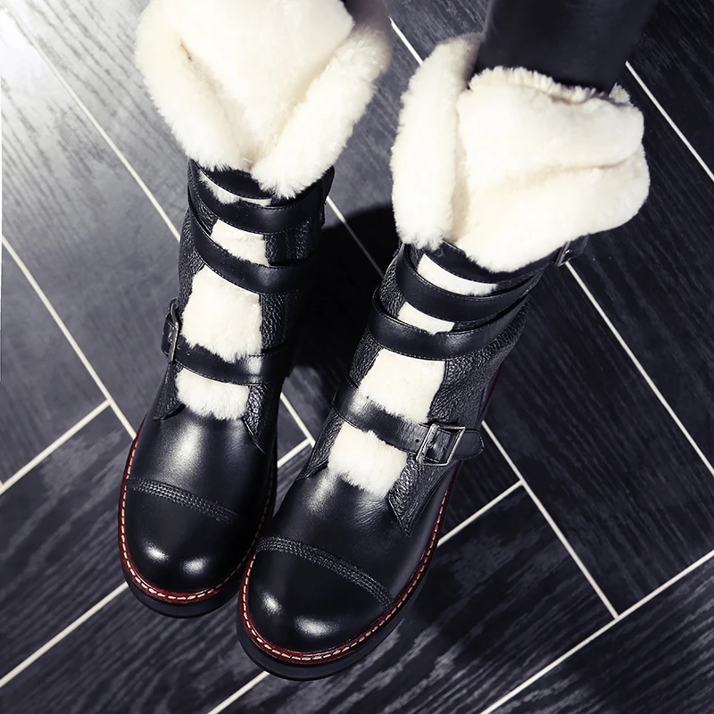 Женские зимние ботинки из кожи с натуральным лицевым покрытием и плюшем модные