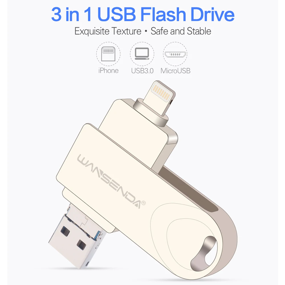 WANSENDA 3 в 1 флеш накопитель USB 0 OTG 128 Гб 64 ГБ 32 16 Pendrive для iPhone X 8 7 Plus мобильный ПК ручка