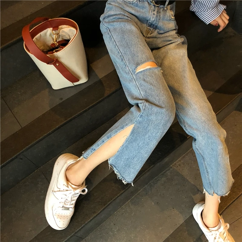 2020 summer fashion crooped denim pants with hole high waist flare jeans split at hem | Женская одежда