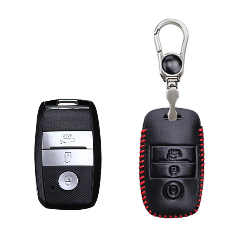 

3 Button Genuine PU Leather Remote Key Bag Case Fob Holder Chain For Kia Series