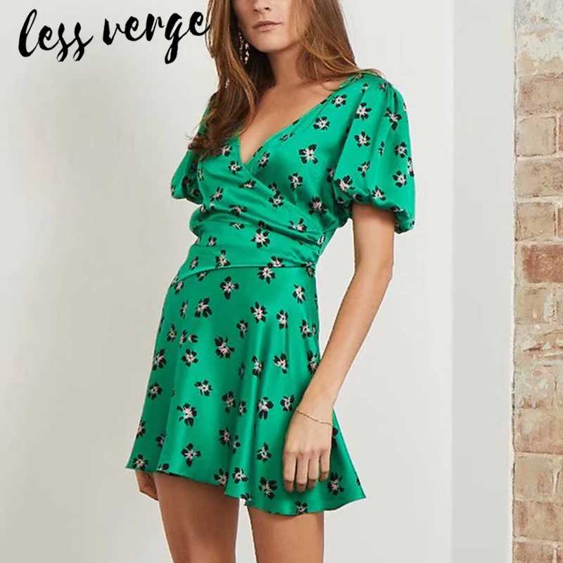 Lessverge богемное цветочное зеленое атласное винтажное платье Летнее Пышное Платье